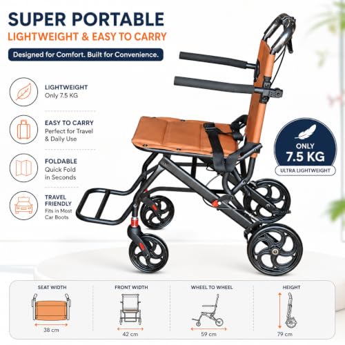 Image of VEAYVA Portable Wheelchair for Adults & Elderly | Ultra Lightweight Folding Ergonomic Seat | Foldable Wheel Chair | Caregiver Push Wheelchair | Compact | Indoor & Outdoor | Multicolor Seat