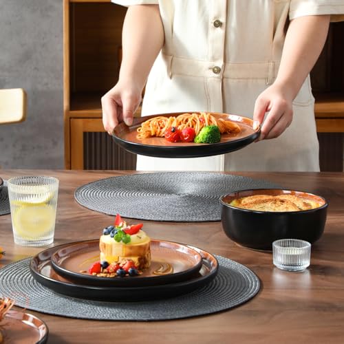 Image of vancasso Plates and Bowls Sets, 18 Pieces Stoneware Dinnerware Sets for 6, Kitchen Dish Set Mircowave and Dishwasher Safe Ceramic Dishware, Dark Brown, Series AMBER