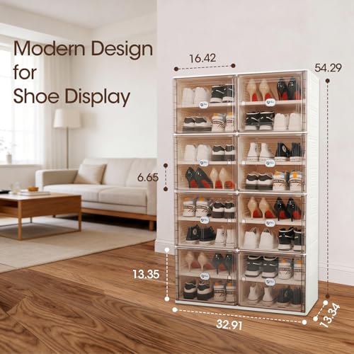 Image of 32 Pairs Shoes Storage Cabinet of 3-Step Fast Installation,Plastic Shoe Rack with Clear Magnetic Door for Display, Shoe Organizer for Sneaker, Sandals, Heels (2 Row, 8 Tier)