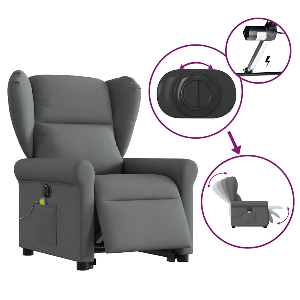 Sillón elevador eléctrico con masaje reclinable, color gris oscuro, de tela con 6 puntos, vibración y función de elevación, para un asiento cómodo y relajante