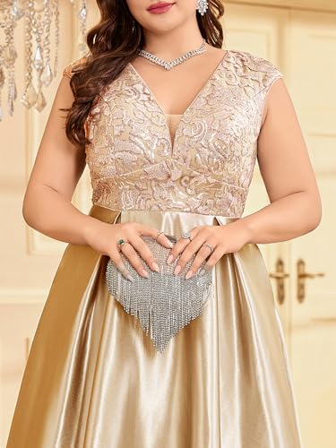 Image of Plus Size Satin Mother of the Bride Formal Gown for Wedding Sleeveless V-Neck Evening Dress