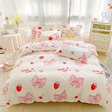 OranFran Strawberry Duvet Cover Set,Kawaii Bedding Set,Pink Bow Duvet Cover,Twin Comforter Cover,Sof