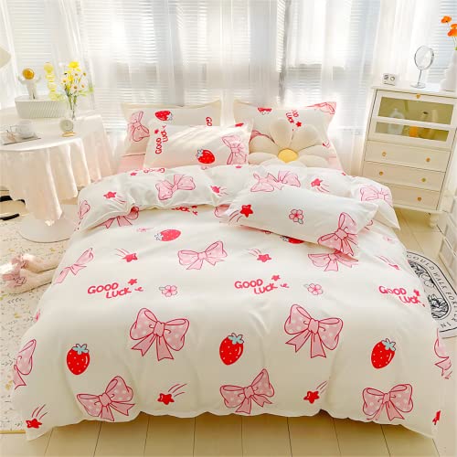 Oranfran Strawberry Duvet Cover Set,Kawaii Bedding Set,Pink Bow Duvet Cover,Twin Comforter Cover,Soft Breathable Reversible For Girls Women(White,Twin) #TOP7