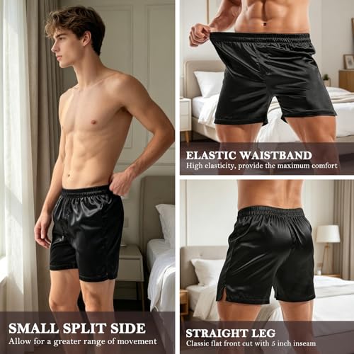 Image of AMY COULEE Mens Satin Boxer Shorts Silky Lightweight Pajama Bottoms Split Side Lounge Sleep Shorts