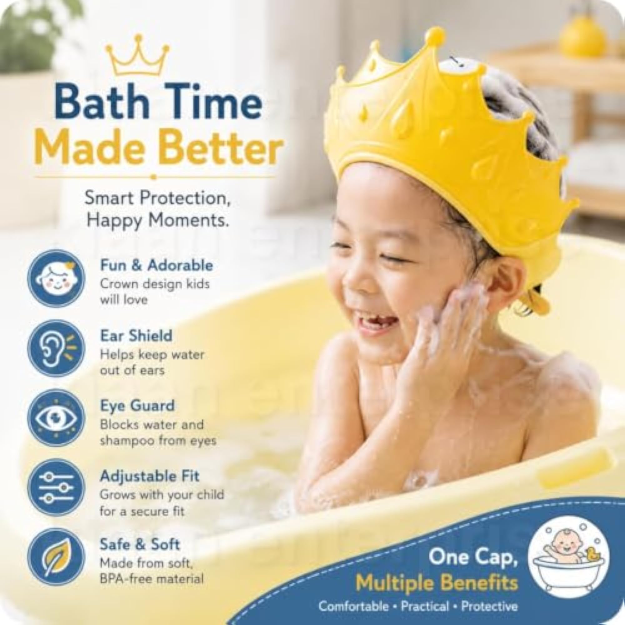 Baby Bath Shower Cap with Eye and Ear Protection, Adjustable Silicone Hat