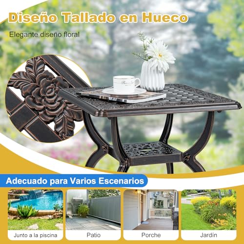 COSTWAY Mesa Auxiliar Exterior Cuadrada, 53x48cm, Aluminio Fundido, Mesa Baja Exterior de 2 Niveles, Mesa Pequeña Jardin Terraza Balcon, Cobre - imagen 5