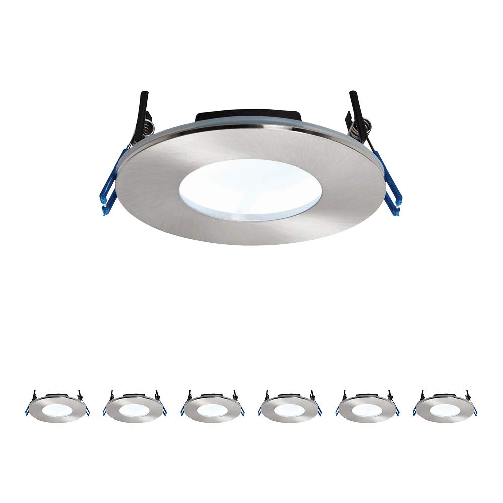 Fire Rated Downlights, Brushed Chrome Ultra Slim Bathroom/Shower IP65 Ceiling Lights, Anti-Glare LED Natural White 5000K, 9W 460 Lumens, 120 Degree Wide Beam Angle, Long-Life 30,000 Hours - Pack of 6