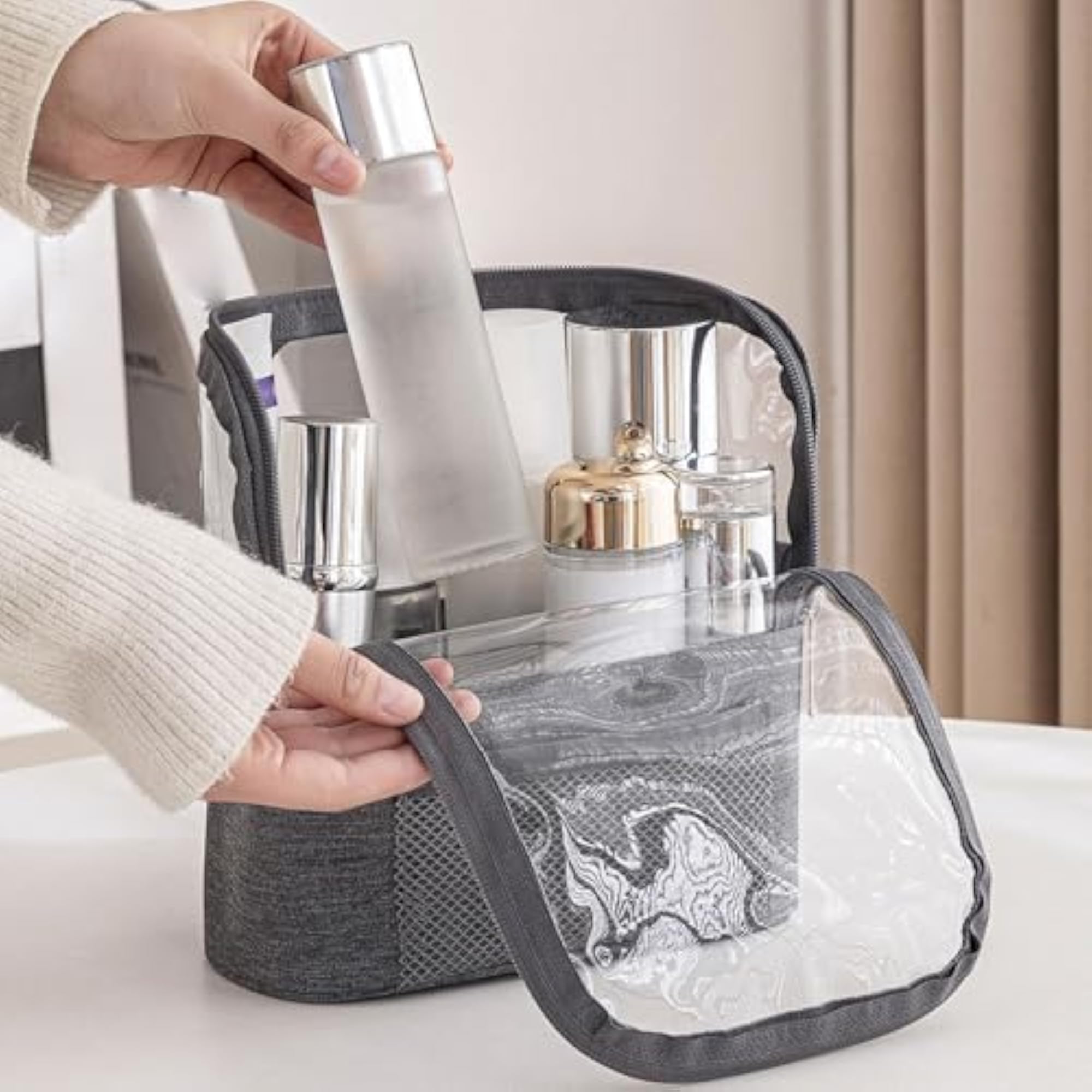 Women's Clear Travel Toiletries Makeup Wash Pouch, Gray