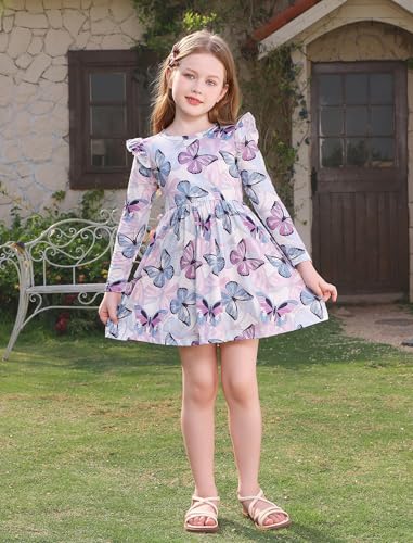 FYMNSI Kids Girls 2 Pack Long Sleeve Dress Toddler Fall Winter Clothes Butterfly Floral Ruffle Casual Holiday Dresses3