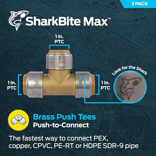 Image of SharkBite Max 1 Inch Tee, Pack of 3, Push to Connect Brass Plumbing Fitting, PEX Pipe, Copper, CPVC, PE-RT, HDPE, UR374