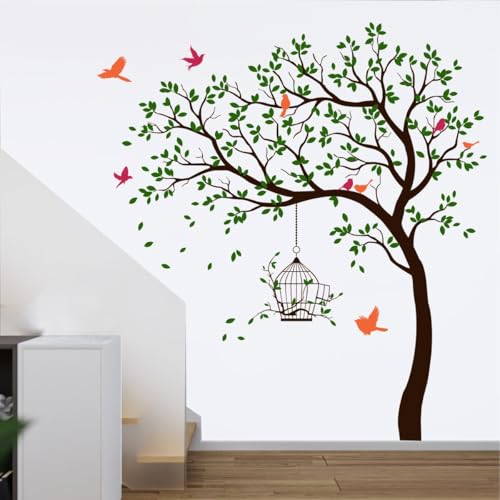 Image of Rawpockets Tree with Birds and Cage Self Adhesive Wall Sticker (Dark Green)-Vinyl