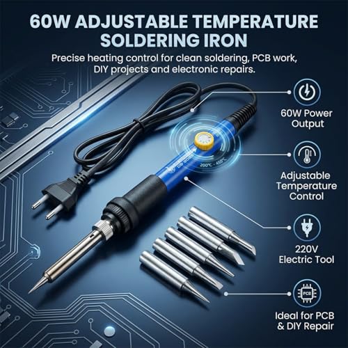 Image of 60W Adjustable Temperature Soldering Iron Kit Set with 5 Tips (Conical, Flat, Pointed, Round Tip) | 220V Original Rework Station Tool for PCB, DIY & Electronic Repair (Blue)