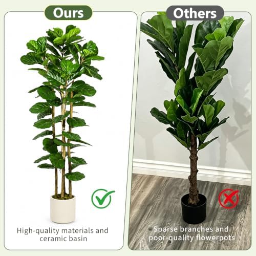 Artificial Fiddle Leaf Fig Tree, Tall Faux Ficus Lyrata Tree with White Planter for Indoor Home Decor Office Living Room (6ft) — view 2