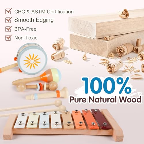 Kids Musical Instruments,Montessori Wooden Educational Toys, k Baby Musical Instruments Neutral Color Set with Xylophone Maracas Bell Birthday Gift for Ages 1 2 3