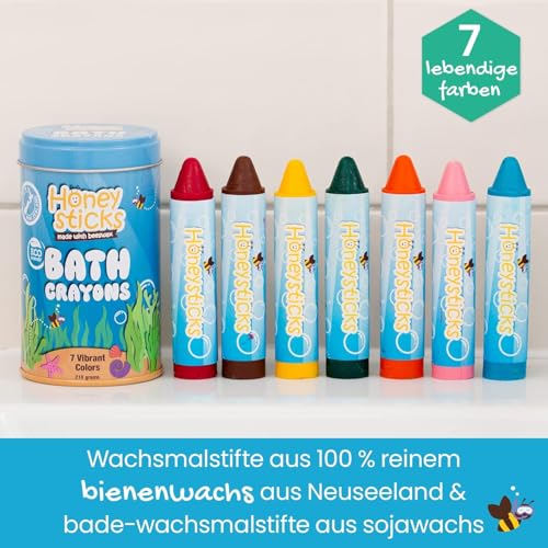 Honeysticks Badestifte für Kleinkinder & Kinder - handgefertigt aus natürlichem Bienenwachs für ungiftigen Spaß in der Badewanne - parfümfrei, Nicht reizendes Badespielzeug-leuchtende Farben-7er Pack