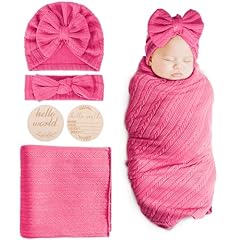 1 Set: Birth Announcement Card + Hat + Hairband + Blanket (Fuschia)