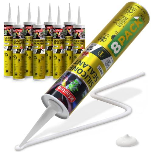 XFasten White Silicone Caulk 10.1oz (8-Pack, 80.8oz Total) Odorless 100% Silicone Waterproof Sealant for RV Caulking Exterior, Aquarium Silicone, Bathtub Caulk, Window | Outdoor Caulking Weatherproof