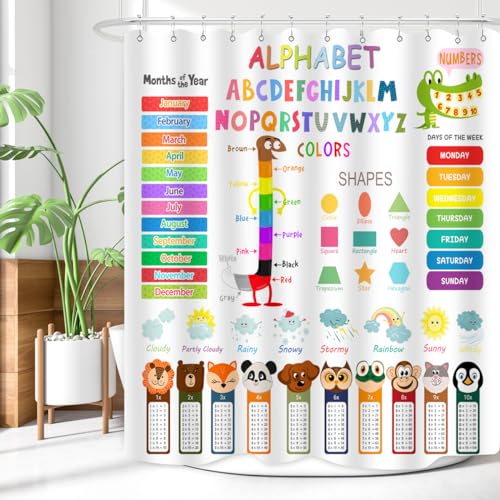 Image of Kids Educational Shower Curtain ABC Learning Tool Funny Cartoon Animals Colors Shapes Weathers Multiplication Table Girls Boys Colorful Decor Waterproof Fabric 72Lx60W Inch with Hooks