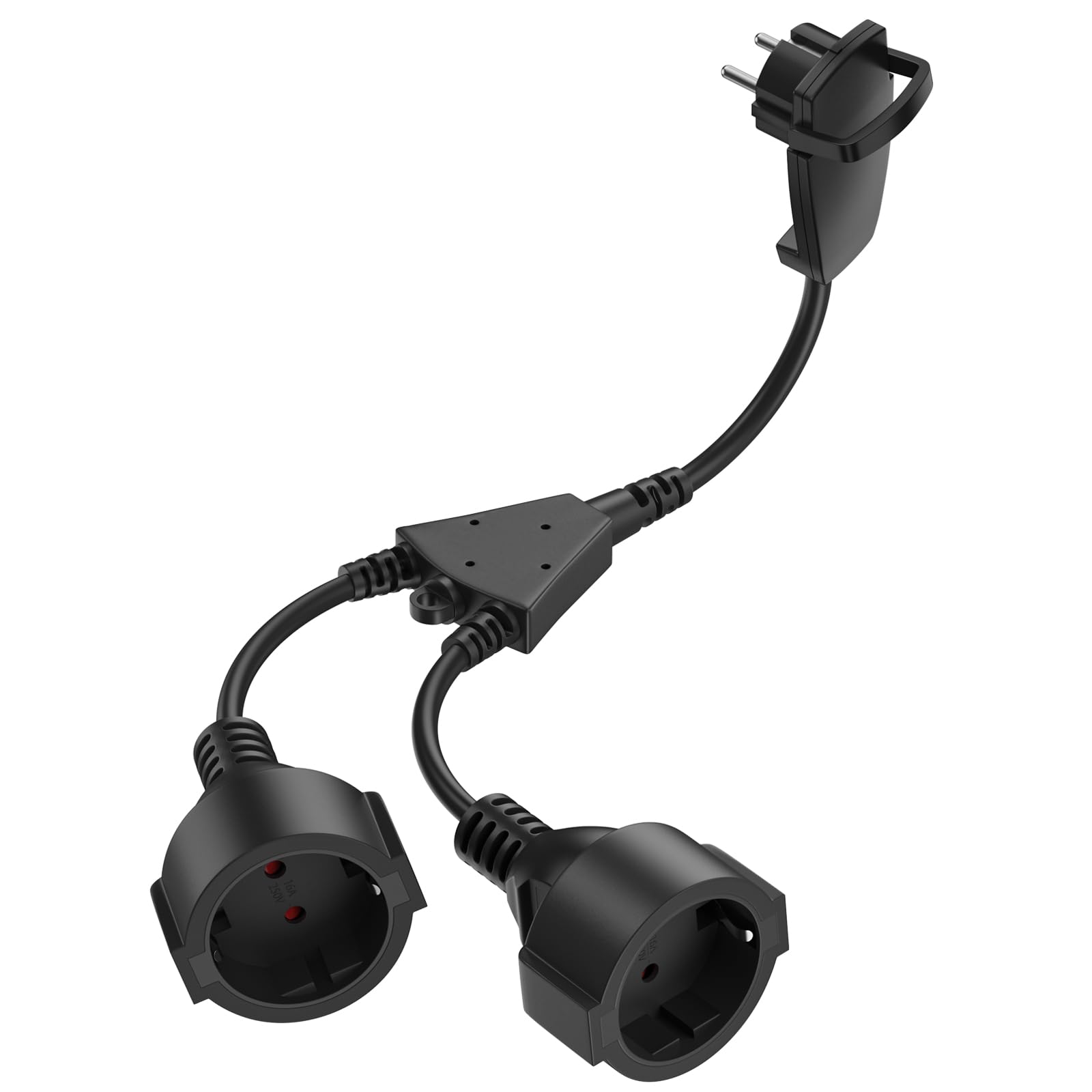 Verlängerungskabel Doppelstecker für Steckdose Außen IP20 | 2 Fach AC Schuko Steckdose mit Flachstecker & Winkelstecker | 16A 250V 3500W | Kabel Y Verteiler für Innen/Außen, Schwarz
