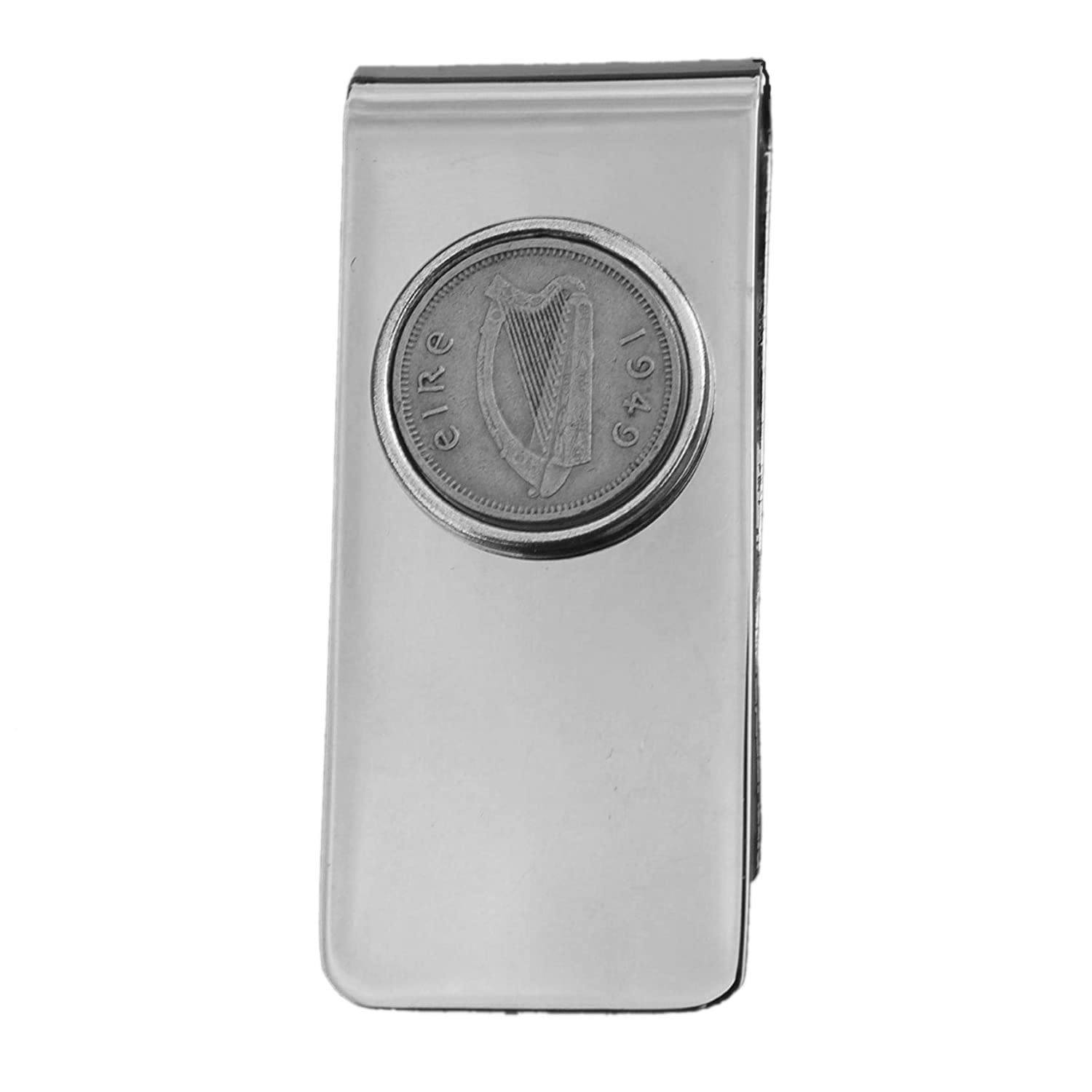 1949 Irish Ireland 3 Pence Harp Coin Solid Brass Money Clip New - Silver Coin Bezel