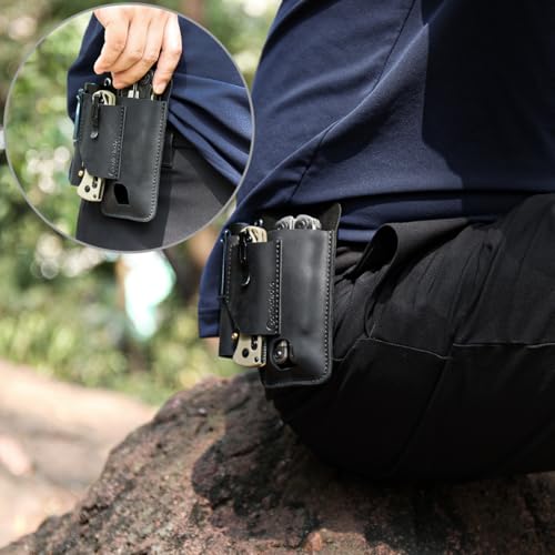 Image of Gentlestache Leather Multitool Sheath - Belt Clip EDC Belt Organizer - Multitool Holder - Multi Tool Holster for Leatherman Tool, Flashlight, Pen, Black
