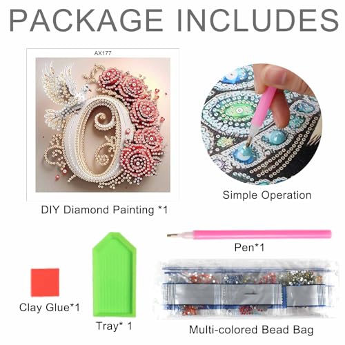 Image of AiYuanzsh 5D Diamond Art Kits for Adults Letter O, Ornamental Rose & Dove Special Shape Diamond Painting Kit, Luxury Alphabet DIY Crystal Rhinestones Diamond Art for Home Wall Decor 17x17cm
