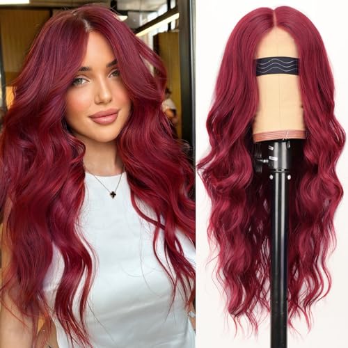 Image of AISI HAIR Bright Red Wig for Women, Long Wavy Lace Hairline Middle Part Synthetic Heat Resistant Wig for Daily Party-26 Inch