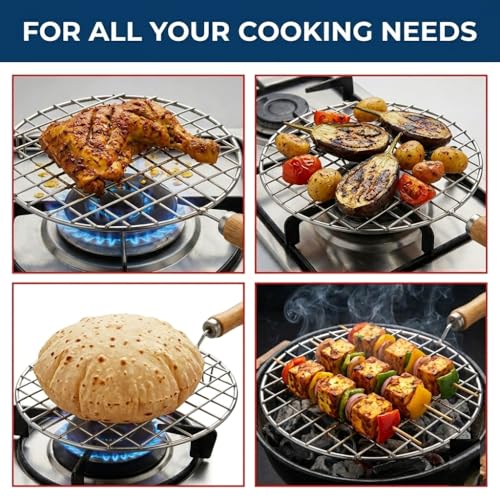 Image of Papad Jali Roast Paneer Grill Roti Maker | Round Barbeque Chapati Toast Grill with Wooden Handle | Stainless Steel Vegetable Tandoor Net for Baigan Bharta, Roti, Papad & BBQ Use