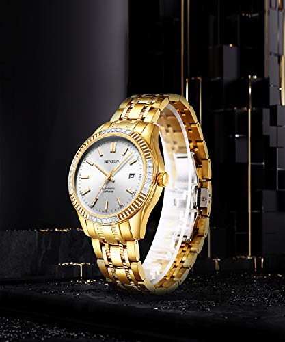 Image of BINLUN Men's Automatic Gold Watches 18K Gold Plated Diamond Mechanical Watch Waterproof Stainless Steel Skeleton Wrist Watch for Men