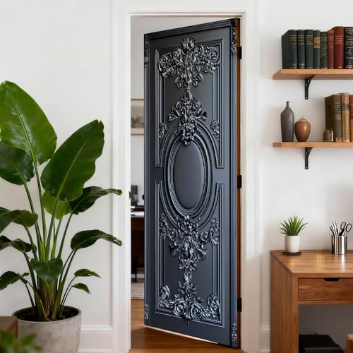 Image of Nuxovilar Black Ornate Door Stickers Peel Stick PVC 30.3x78.7 Inches