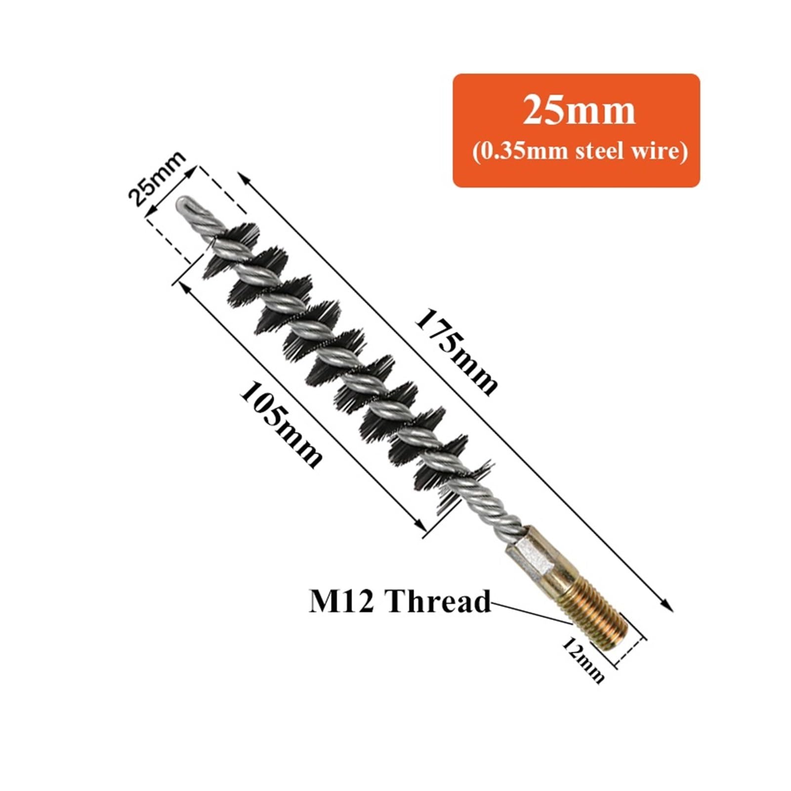 M12 Thread Wire Brush Metal Handle 18-75mm Brush Working Stainless Steel Wire Pipe Tube Cleaning Chimney Brush ( Color : 25mm , Size : 1 )