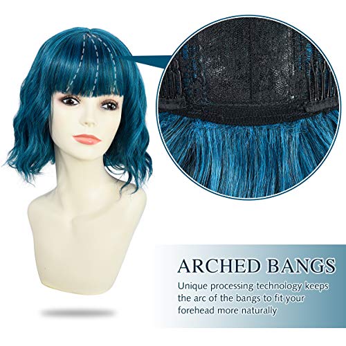 Rose Bud Wavy Bob Wig With Bangs Natural Blue Wig Synthetic Hair Shoulder Length Short Curly Wigs For Women #TOP4