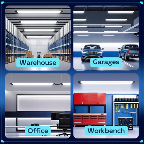 Image of hykolity LED Shop Light 4FT 44W (300W Equivalent), 4600LM 5000K Daylight | Hanging or Surface Mount,Plug-in Utility Linkable Shop Light for Garage,Workshop,Warehouse,Energy Efficient,Black,4 Pack