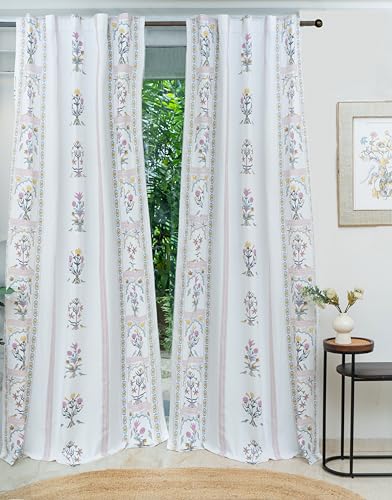 Image of Tranquebar Curtain Co. Window Curtains 5 Feet, 60-65% Room Darkening, Pink Floral Print, Cotton Curtains for Window, Cotton Curtains 5 Feet Long Set of 2, BackTabs, Sashi (152 cm) - Set of 2
