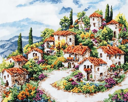 Henypt Kit Punto de cruz 11CT tela impresa,Paisaje de casa de pueblo rural bordado DIY kit de entrada simple bordado pre-impreso para niñas artesanías artículos,30x40cm