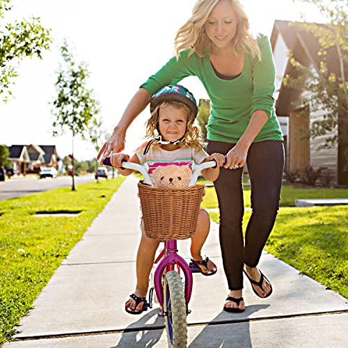 Fahrradkorb Kinder, Fahrradkorb Geflochten für Mädchen und Kinder vorne, Fahrradkörbchen Kinder aus Kunststoff, mit Lederriemen, dekorativ, abnehmbar (Braun)