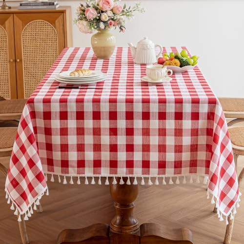 Fiokle Checkered Tablecloth, Cotton Linen Gingham Table Cloth for Rectangle Table with Tassel, Washable Heavy Duty Wrinkle Free Plaid Table Cover for Dining Picnic Camping, Red, 75 X 55 Inch