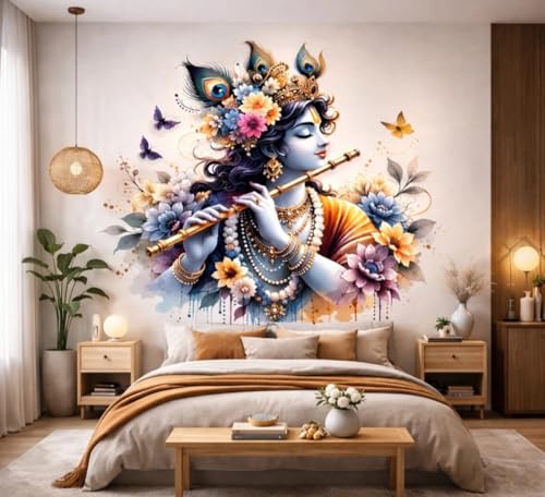 Image of Lord Krishna Playing Flute Wall Sticker, Watercolour Floral Design, Spiritual Home Decor for Pooja Room, Krishna with Flute, Bedroom, Living Room, Kids Room, 3D Decal Sticker, Extra Large Size