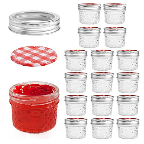 Mini Mason Jars 4 Oz 16 PACKS Regular Mouth Small Mason Jars with Lids and Bands Quilted Crystal Style Glass Canning Jars - Red lids