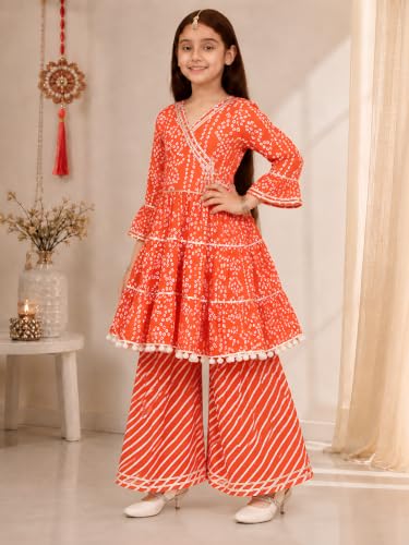 Image of Preneum Girl's Cotton Rayon Bandhani & Lahariya Printed Angrakha Kurta with Sharara & Dupatta