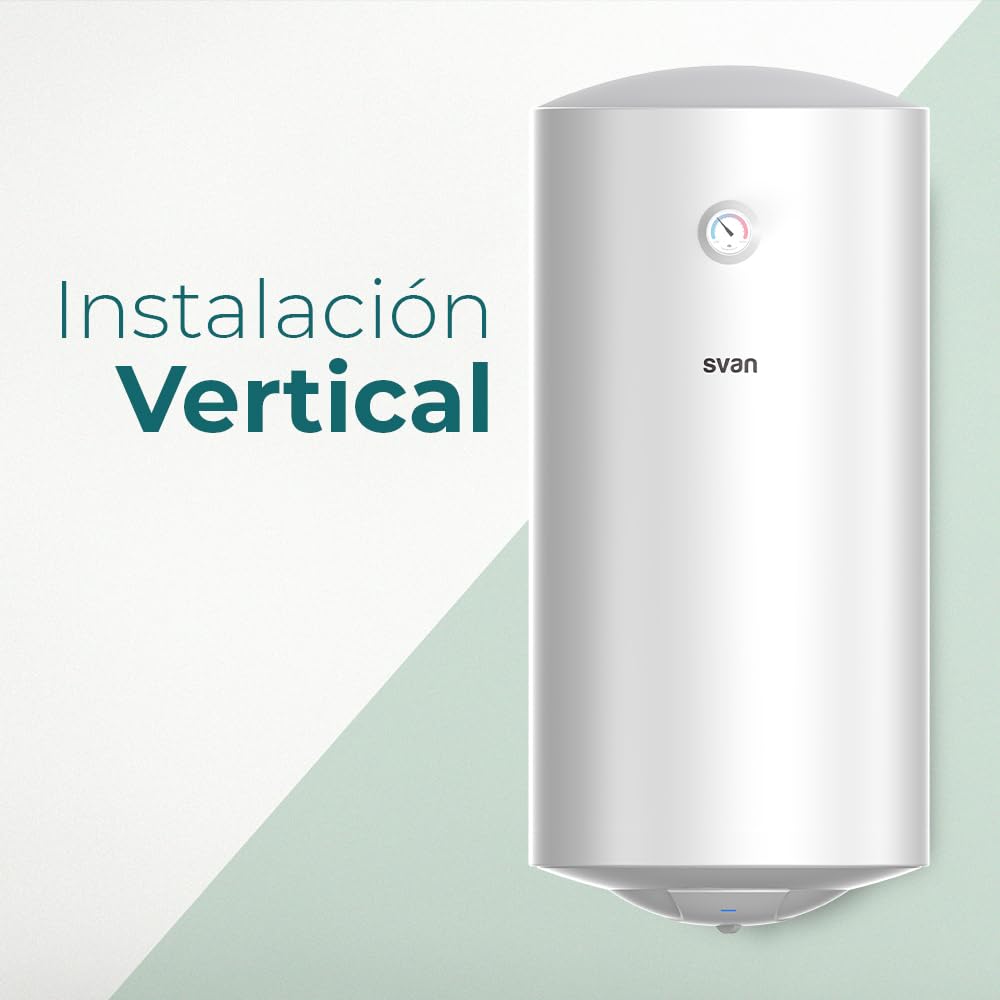 Svan Termo Eléctrico Vertical 100 Litros ST1001. Instalación Vertical, 1500W, Incluye Kit de Montaje, Resistencia de Acero inoxidable, Blanco, Eficiencia Energética Clase C