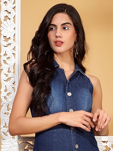 Image of DRAPE AND DAZZLE Stretchable Denim Bell Bottom Jumpsuit With Buttons At Front Jumpsuit For Women DD-082