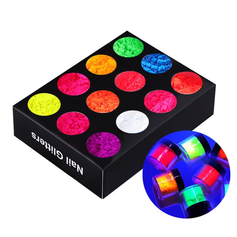 12 Colors Glow in The Dark Powder, Luminous Pigment Powder Fluorescent Neon Glitter Dust for Gel Polish Nail Art Decoration, Resin Craft Nail Art Manicure Decoration Home DIY Salon