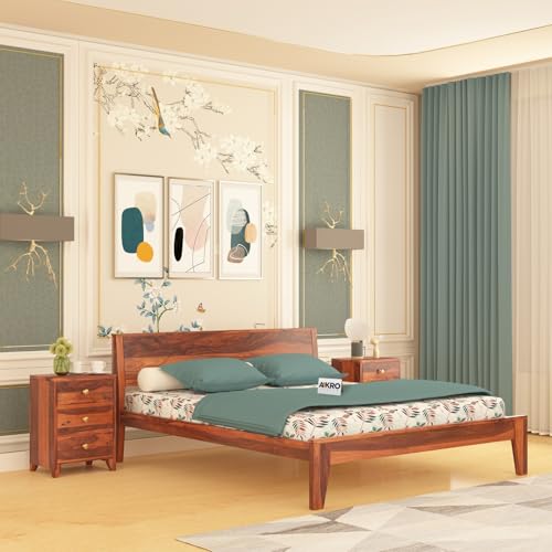 Image of Sheesham Wood Queen Size Bed Without Storage Solid Wood Cot Palang Furniture Wooden Double Bed for Bedroom Living Room (Honey Finish)