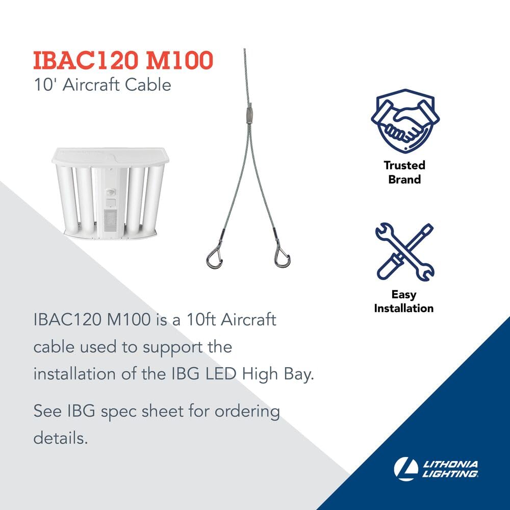 Lithonia Lighting 10 Foot Aircraft Cable with Hooks, Hanging Suspension Kit for IGB Series LED High Bay Lights, Easy Install Mounting Hardware for Indoor Fixtures, Heavy-Duty Steel Wire Cord