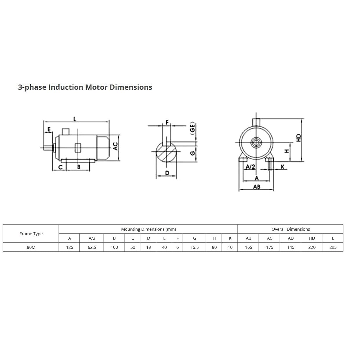 Diagram showing 3-phase Induction Motor Dimensions with various labeled measurements (A, B, C, D, E, F, G, H, K, AB, AC, AD, HD, L).