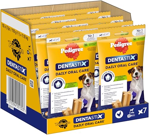 Pedigree DentaStix Hundesnack für kleine Hunde (5-10kg), Zahnpflege-Snack mit Huhn und Rind, 10 Packungen je 7 Stück (10 x 100 g)