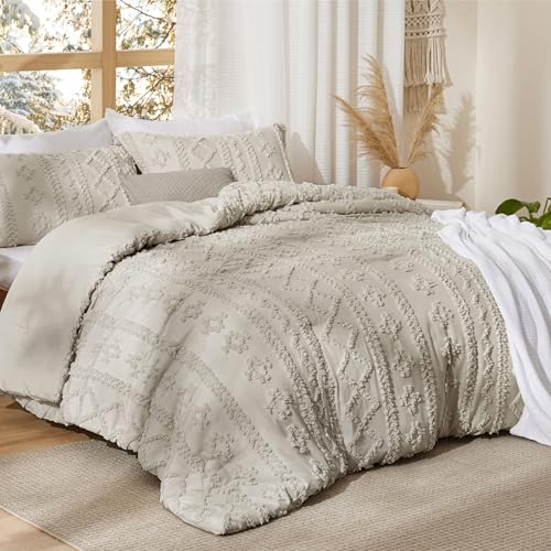 Image of Bedsure Tufted Boho Comforter Set Full Size - Linen Boho Bed Set, GentleSoft 3 Pieces Farmhouse-Style Embroidery Bedding, Gifts for Woman, Soft Jacquard Kids' Full Comforter for All Seasons