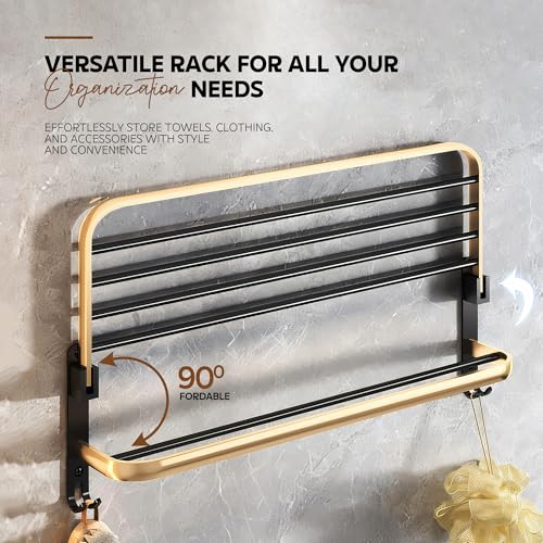 Image of MIORAH 24 Inch Foldable Aluminum Towel Rack for Bathroom - Wall Mounted Double - Tier Towel Holder with Rod & Hooks | Rustproof Black