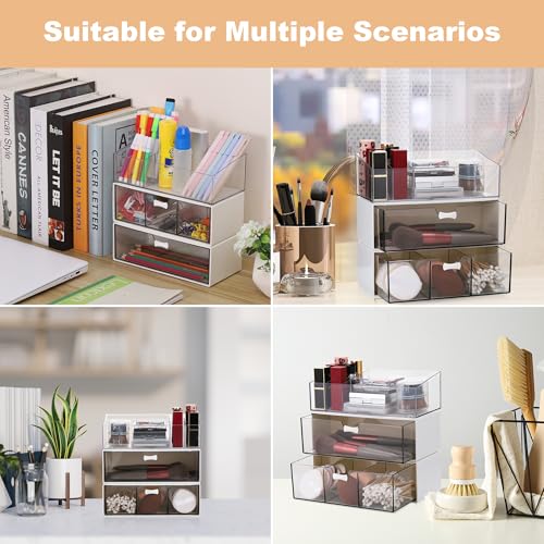 TranRantic 3 Stück Acryl Badezimmer Organizer, Kosmetik Organizer Set, Transparent Bad Schubladen Organizer, Schminktisch Organizer, Make Up Organizer für Kommode Bad (1 Fach+3 Fächer+Lippenstiftfach)